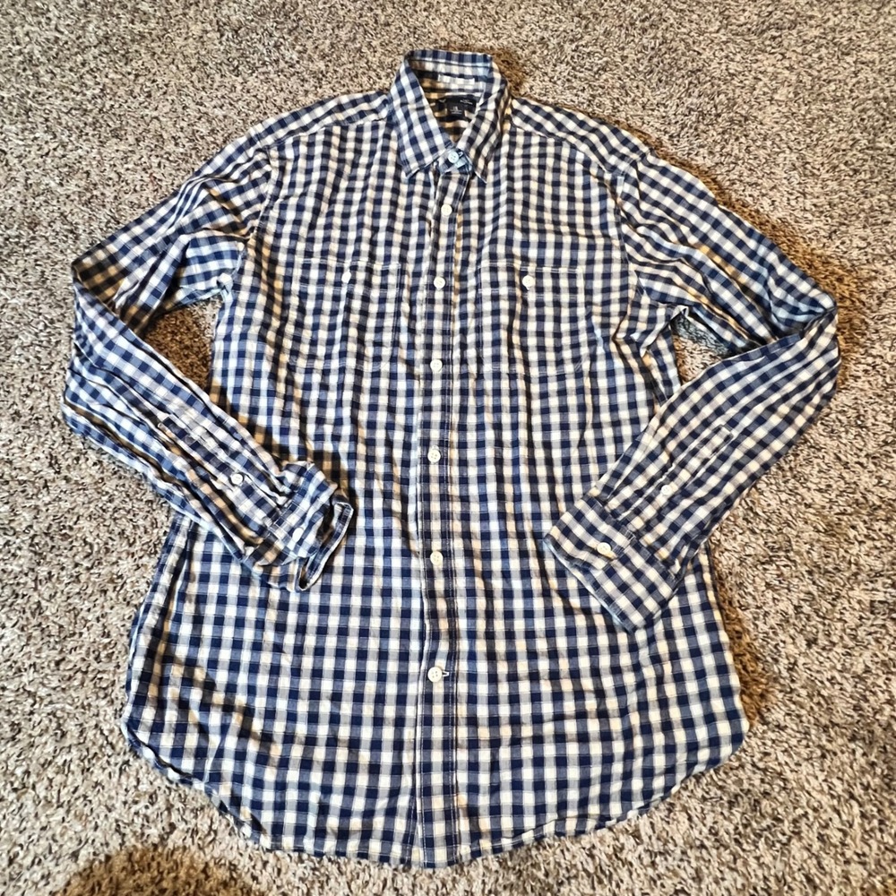 Gap Mens Slim Fit Gingham Button Down Shirt Navy Blue White Cotton Medium